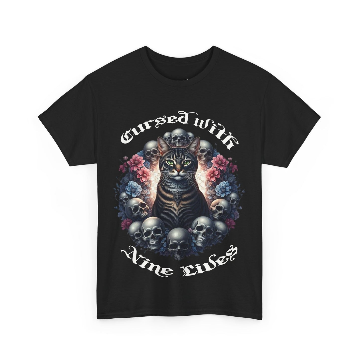 Cursed With Nine LivesTabby Cat Tee - Unisex Heavy Cotton T-Shirt, Unique Graphic Tee, Gothic Art Shirt, Cat Lover Gift,
