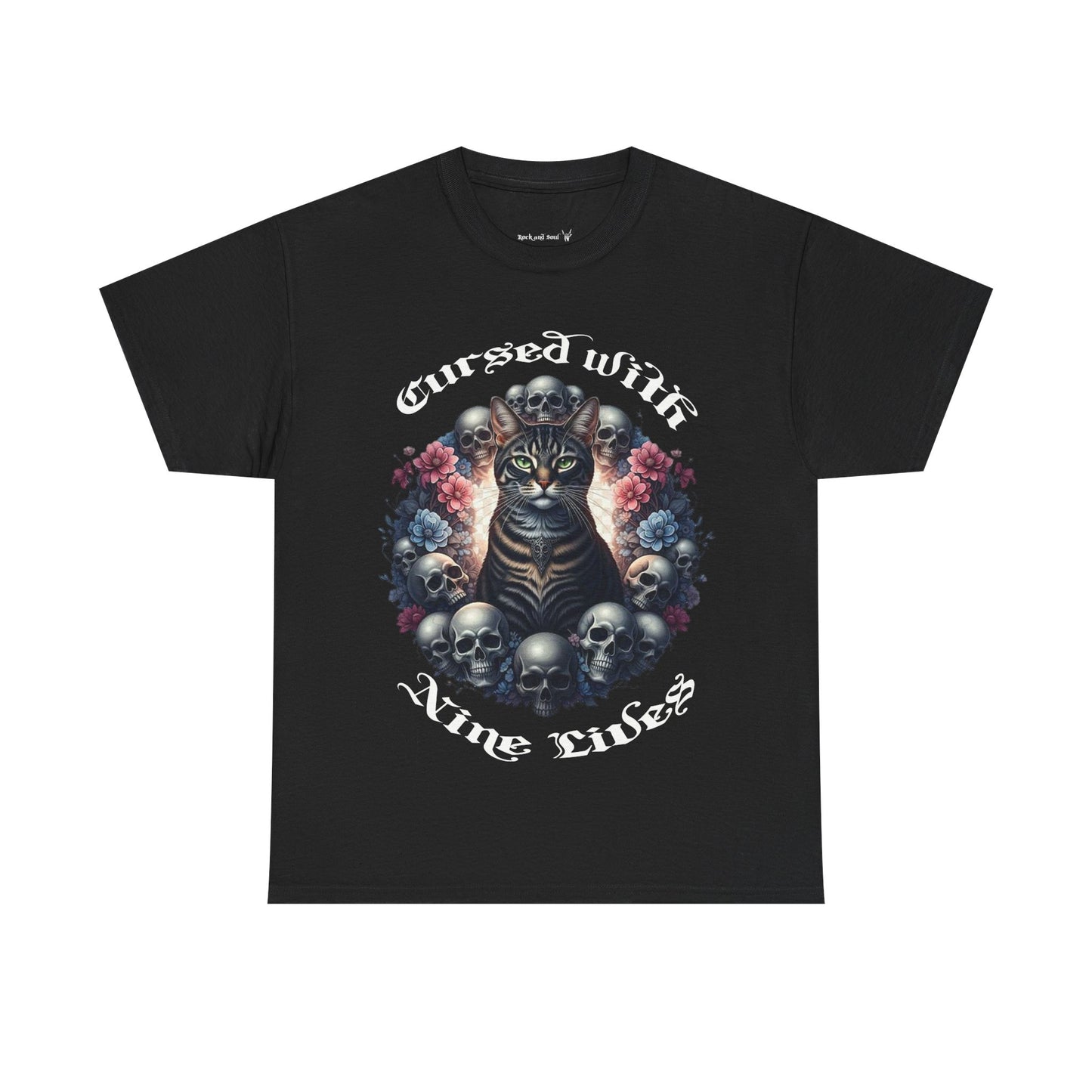 Cursed With Nine LivesTabby Cat Tee - Unisex Heavy Cotton T-Shirt, Unique Graphic Tee, Gothic Art Shirt, Cat Lover Gift,
