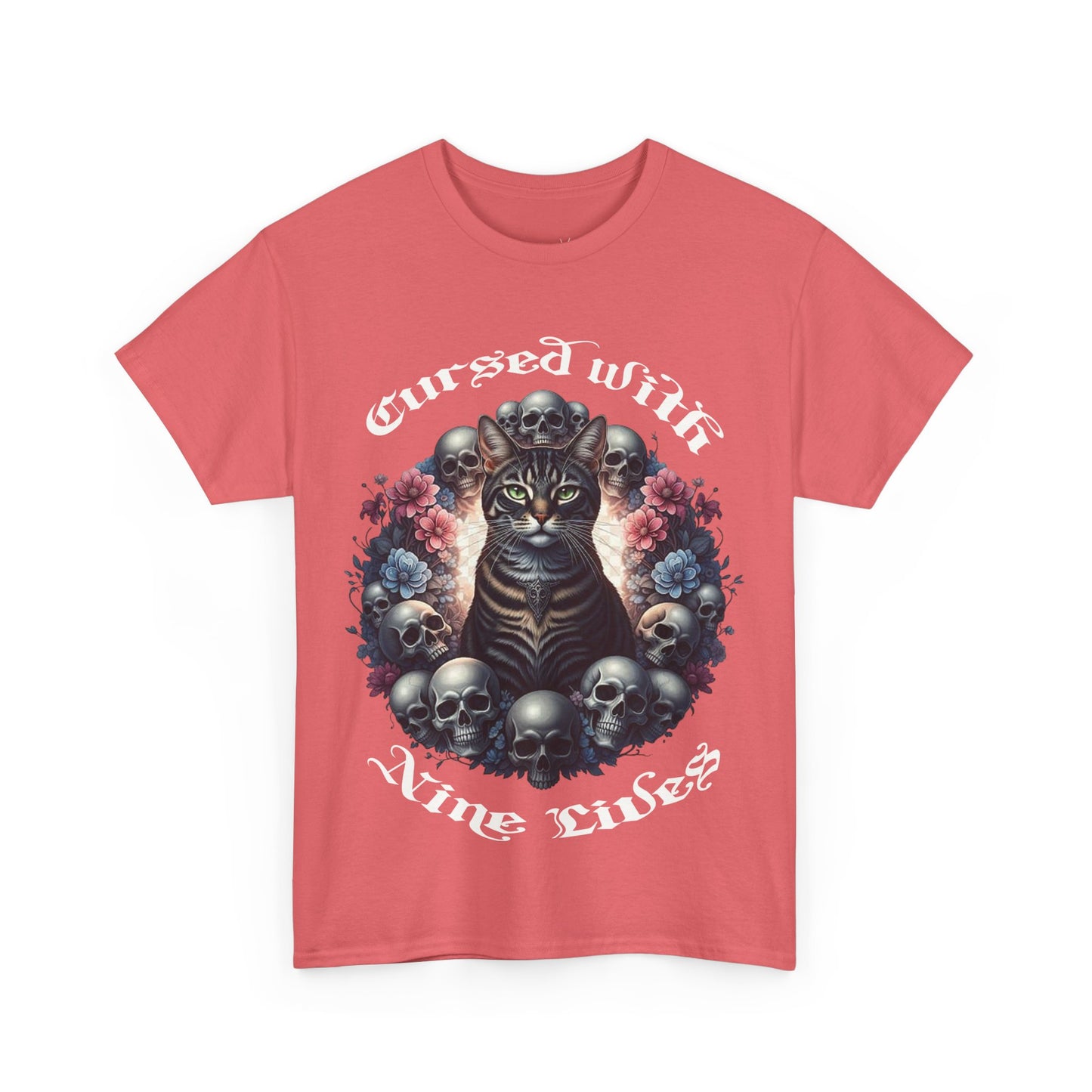 Cursed With Nine LivesTabby Cat Tee - Unisex Heavy Cotton T-Shirt, Unique Graphic Tee, Gothic Art Shirt, Cat Lover Gift,
