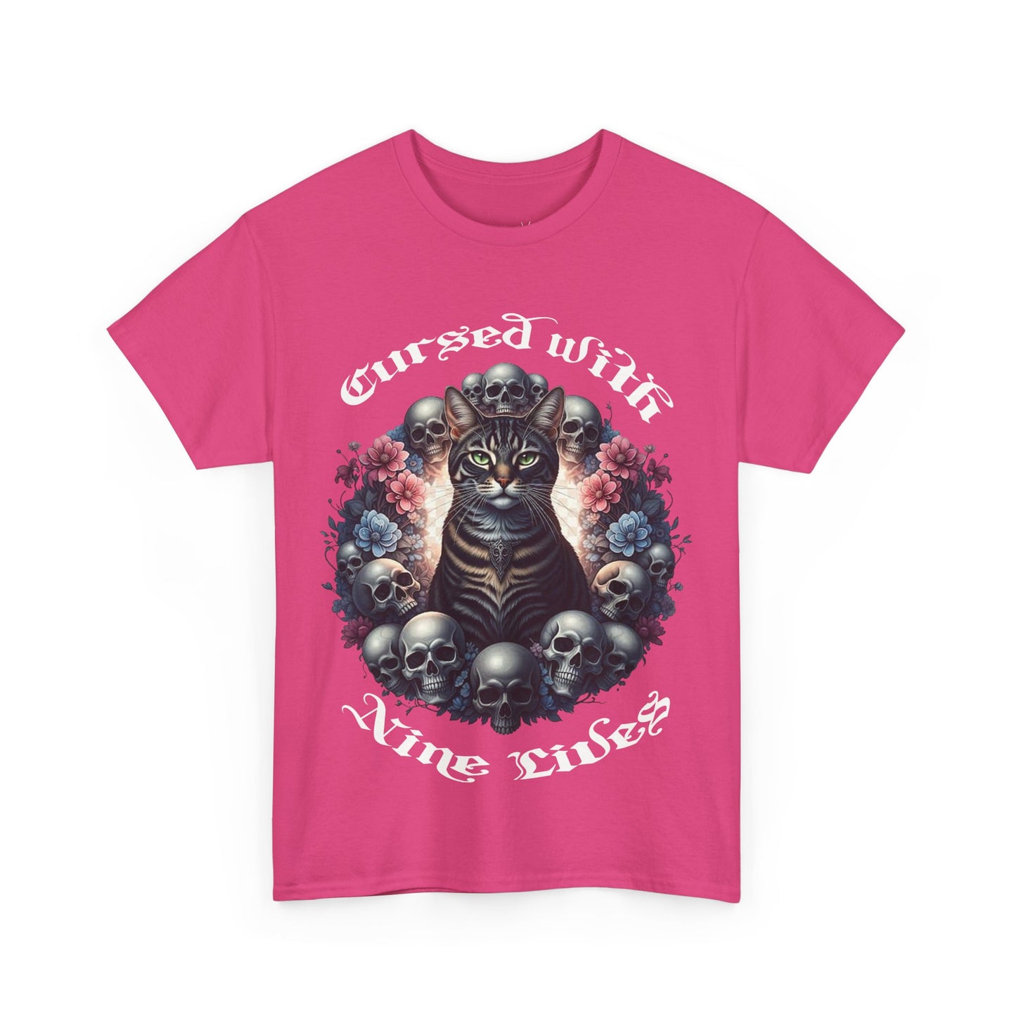Cursed With Nine LivesTabby Cat Tee - Unisex Heavy Cotton T-Shirt, Unique Graphic Tee, Gothic Art Shirt, Cat Lover Gift,
