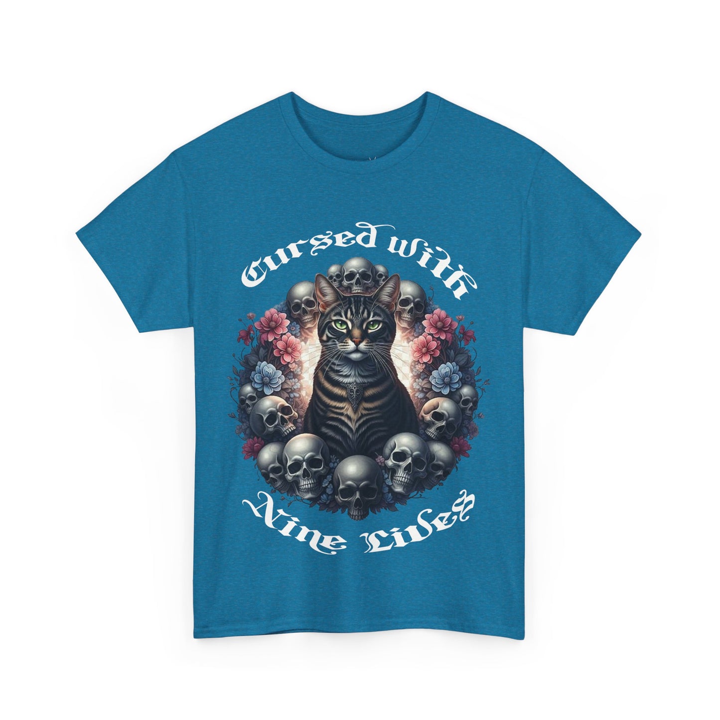 Cursed With Nine LivesTabby Cat Tee - Unisex Heavy Cotton T-Shirt, Unique Graphic Tee, Gothic Art Shirt, Cat Lover Gift,