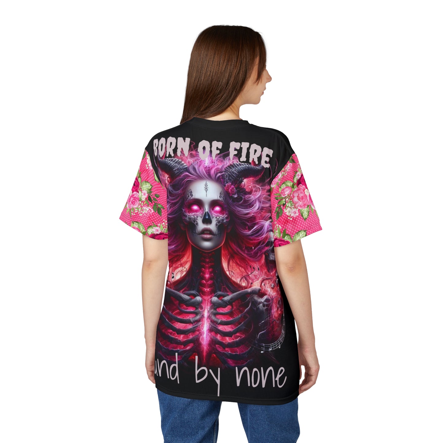 Born of Fire Bound By None, Floral Sleeve Tee - Stylish Summer Shirt, Everyday Casual Wear, Gift for Her, Trendy Graphic Tee