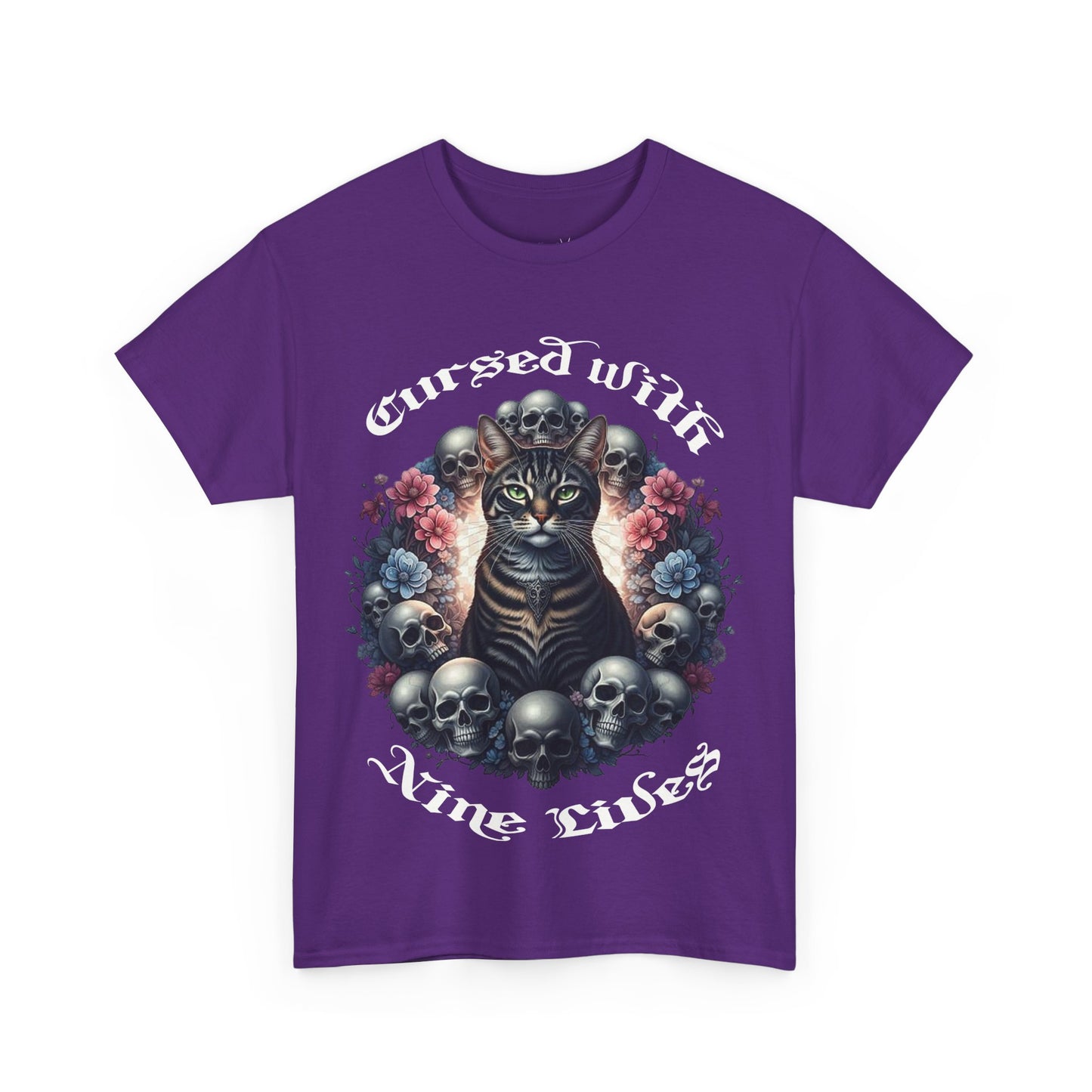 Cursed With Nine LivesTabby Cat Tee - Unisex Heavy Cotton T-Shirt, Unique Graphic Tee, Gothic Art Shirt, Cat Lover Gift,