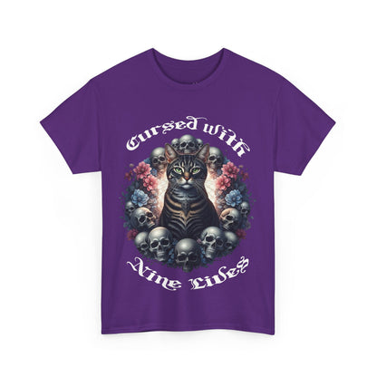 Cursed With Nine LivesTabby Cat Tee - Unisex Heavy Cotton T-Shirt, Unique Graphic Tee, Gothic Art Shirt, Cat Lover Gift,