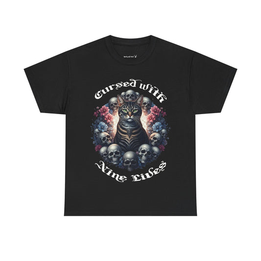 Cursed With Nine LivesTabby Cat Tee - Unisex Heavy Cotton T-Shirt, Unique Graphic Tee, Gothic Art Shirt, Cat Lover Gift,