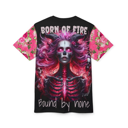 Born of Fire Bound By None, Floral Sleeve Tee - Stylish Summer Shirt, Everyday Casual Wear, Gift for Her, Trendy Graphic Tee