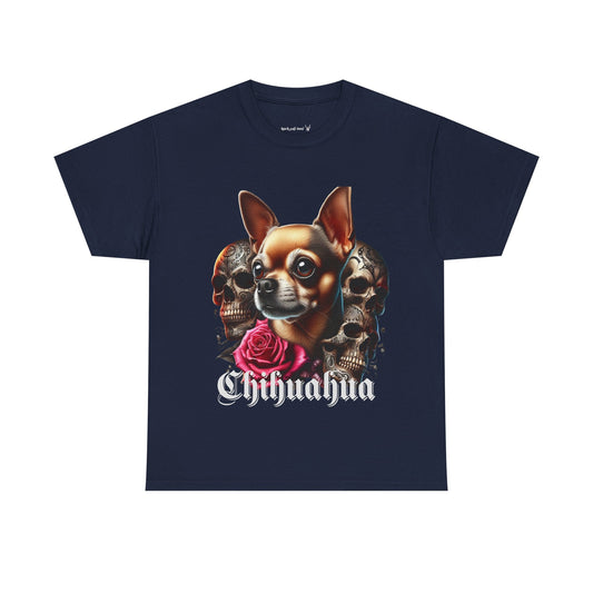 Chihuahua Skull Graphic Tee, Stylish Pet Lover T-Shirt, Cool Gift for Dog Owners, Casual Wear, Unisex Heavy Cotton Tee