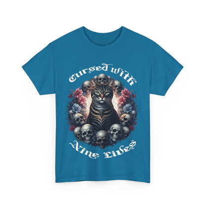 Cursed With Nine LivesTabby Cat Tee - Unisex Heavy Cotton T-Shirt, Unique Graphic Tee, Gothic Art Shirt, Cat Lover Gift,